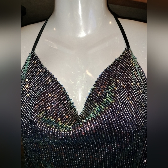lulus sequin tie-back halter top xs cowl neck iridescent sequins cropped bodice - Picture 7 of 9